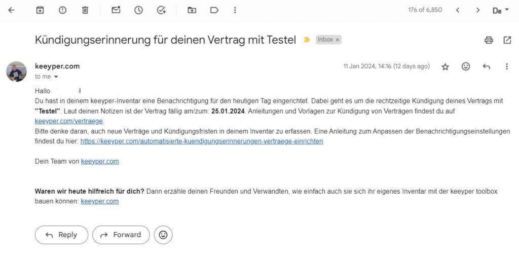Automatisierte Kündigungserinnerungs-Mail für Verträge