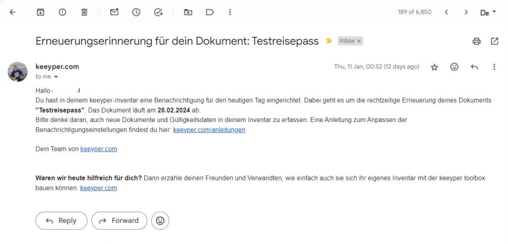 Erinnerungsmanager E-Mail - Erinnerung an die Erneuerung von Dokumenten