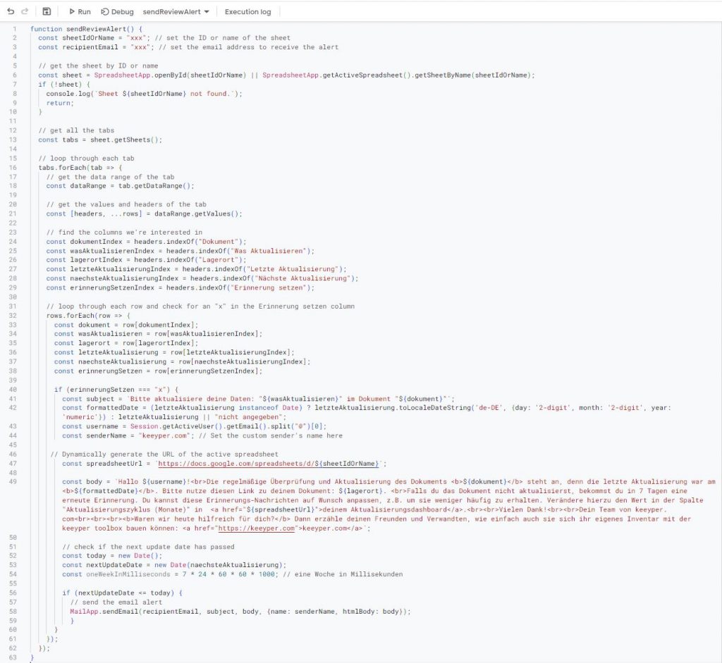 Google Apps Script Code zur automatischen Erinnerung an die Datenaktualisierung im Online-Dashboard