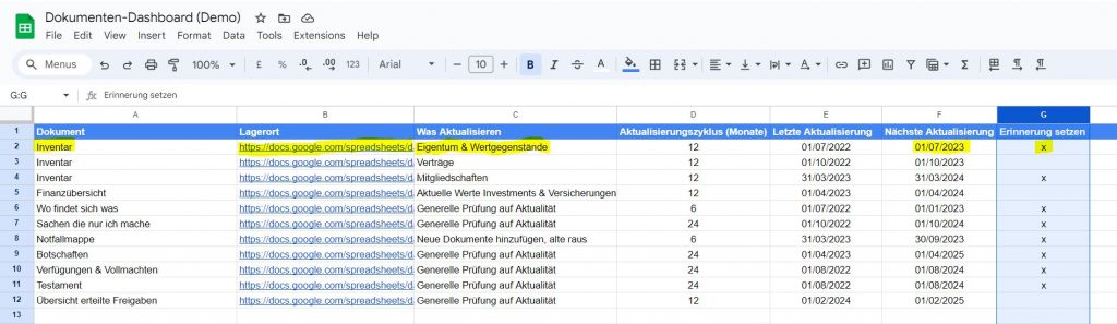 Erinnerung der Datenaktualisierung im Dokumenten-Dashboard (Demo)