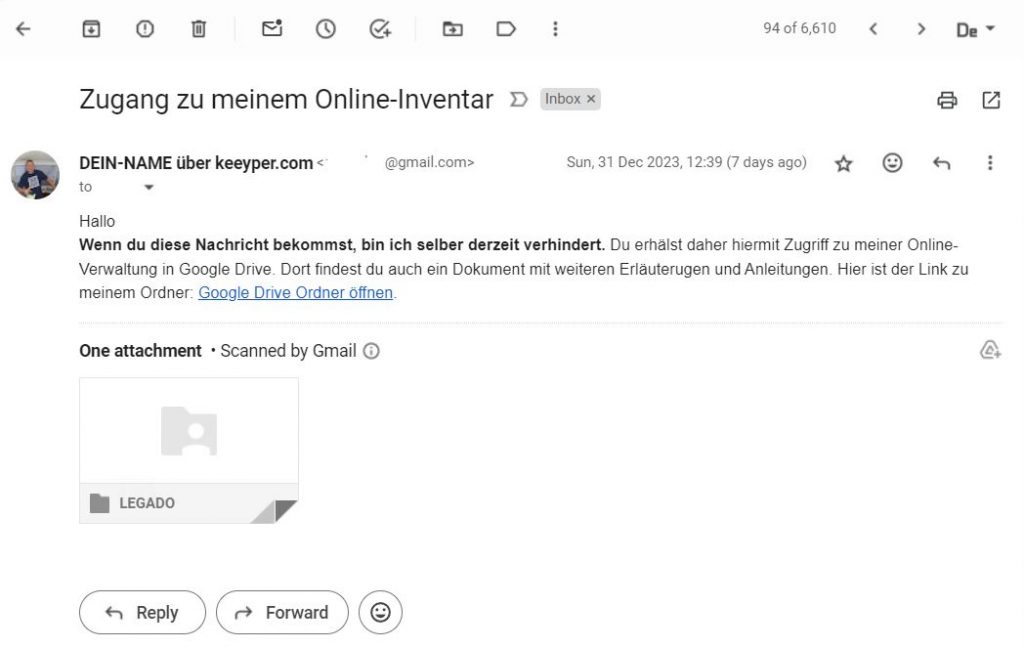 Zugangsmail zum Online-Safe