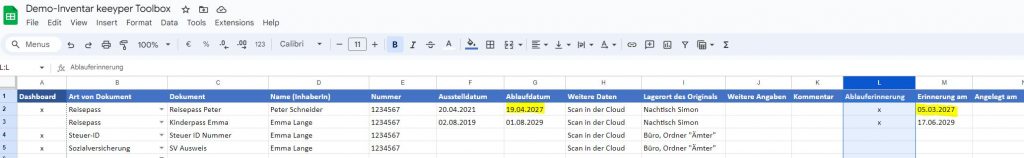 Erinnerungsmanager im keeyper Inventar, mit automatisierter Erinnerung an Ablauftermine