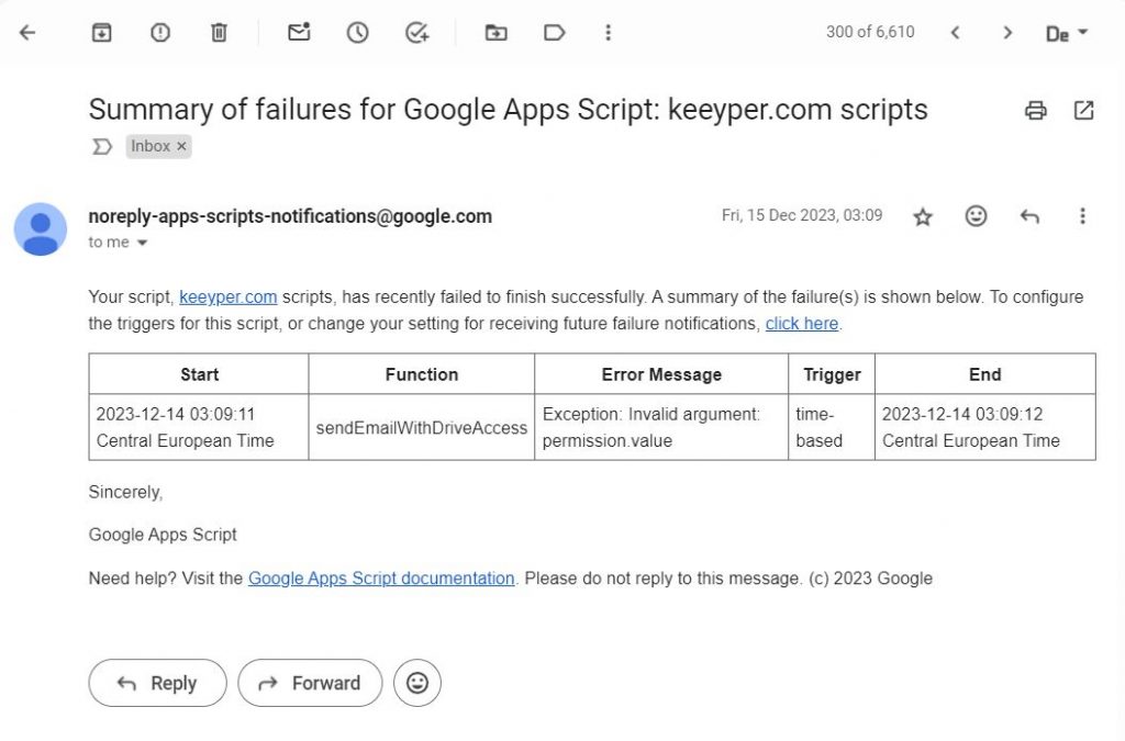 Fehlerwarnung für google Apps Scripts