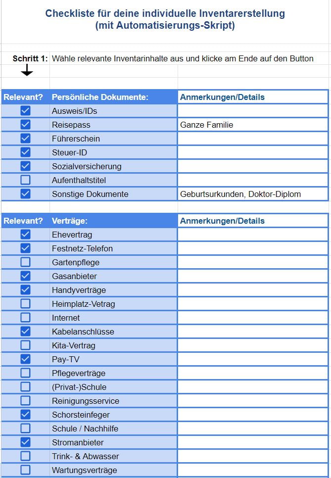 Vorlage für die automatisierte Checkliste zur Erstellung deines Online-Inventars mit der keeyper-Toolbox